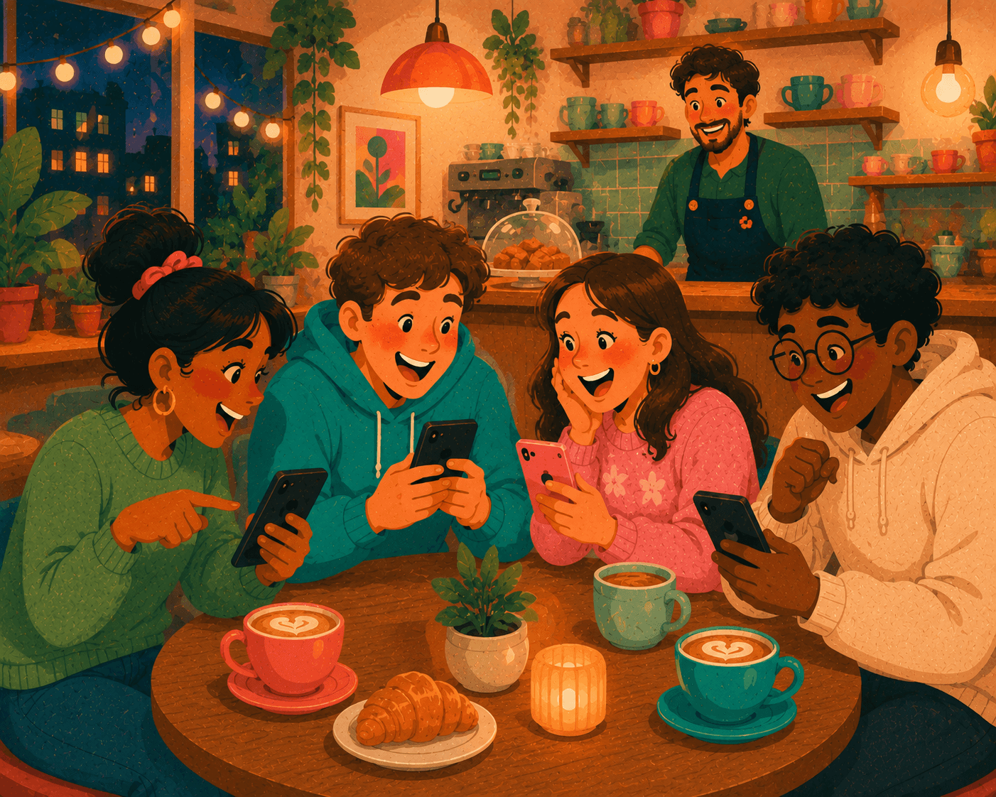 A warm cafe game night with four guests gathered around a table using Avanch.