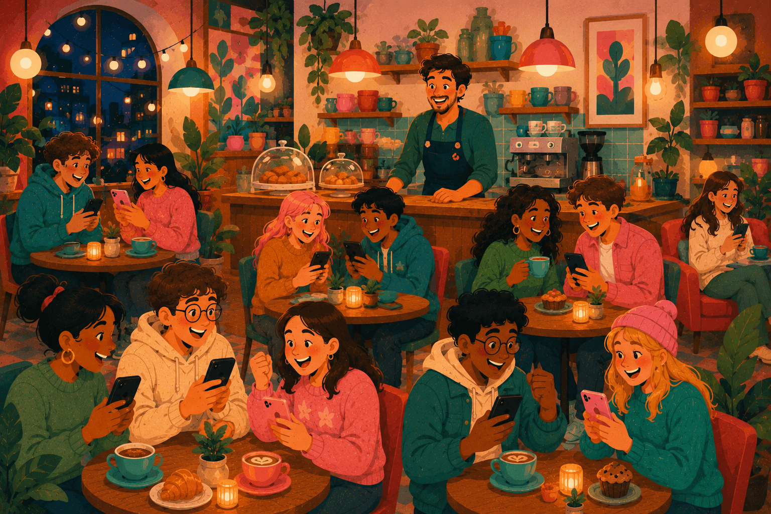 Several cafe tables filled with guests during an Avanch social game night.